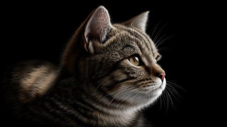 This captivating image features the profile of a tabby cat, showcasing its striking fur and expressive features against a black backdrop, exuding beauty and elegance.の素材