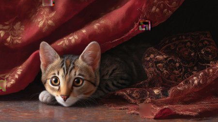A charming image of a curious cat peeking from beneath luxurious drapery, showcasing stunning details, soft light, and a serene home environment.の素材