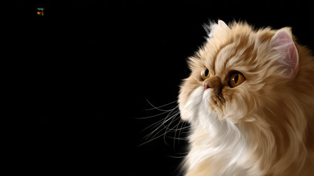 A stunning close-up portrait of a fluffy Persian cat showcasing its beautiful fur and captivating eyes, set against a dark, serene background.の素材