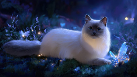 A captivating white cat lounges gracefully in a mystical forest, surrounded by glowing butterflies and delicate flowers, creating a serene, enchanting atmosphere.の素材