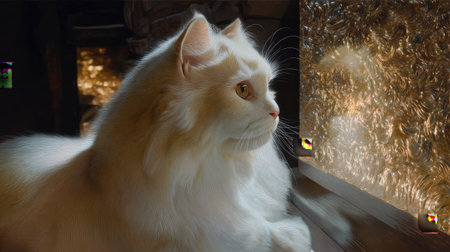 A majestic white cat sits by the window, gazing thoughtfully at the outside world. The soft lighting creates a warm and cozy ambiance, enhancing the serene beauty.の素材