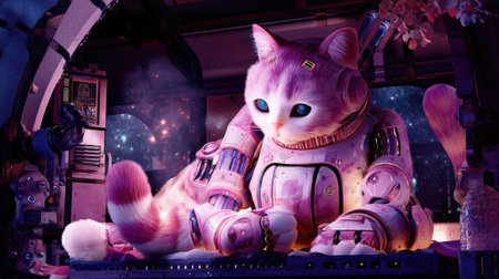 A whimsical portrayal of a futuristic cat in a spacesuit, sitting in a cosmic environment filled with stars, creating a charming fusion of technology and fantasy.の素材