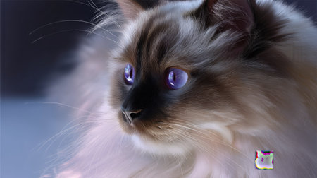 This enchanting close-up captures a long-haired cat with captivating purple eyes, showcasing its adorable expression and fluffy fur in gentle light.の素材