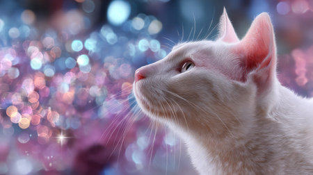 This captivating image features a serene white cat in profile, showcasing its beautiful features against a backdrop of soft, colorful bokeh lights.の素材