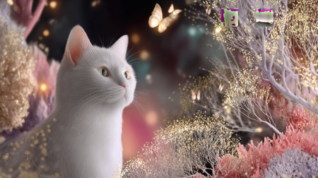 This captivating image features a white cat gazing peacefully in a vibrant, magical forest filled with glowing flowers and fluttering butterflies.の素材