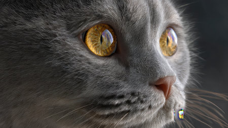 This close-up image showcases a gray cat with striking golden eyes, capturing its intense expression and the softness of its fur under natural light.の素材