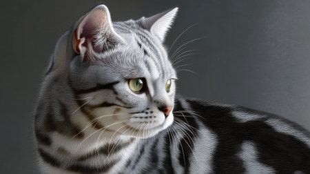This stunning close-up portrait showcases a silver tabby cat with captivating green eyes, highlighting its unique fur patterns against a soft gray background.の素材