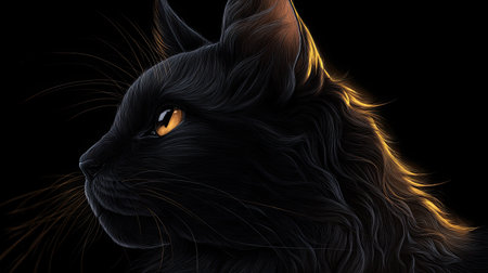 A captivating profile of a black cat displaying its stunning orange eyes against a deep dark background, perfect for capturing the beauty of feline elegance.の素材