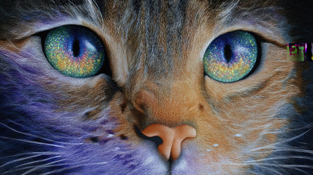 A stunning close-up of a cat's face, highlighting its captivating eyes filled with vibrant colors. This image showcases the intricate details and textures of the fur, making it an ideal choice for animal lovers and nature enthusiasts.の素材