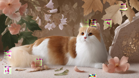 This beautiful image features a serene cat resting next to delicate flowers and leaves, creating a tranquil atmosphere perfect for pet lovers and decor enthusiasts.の素材