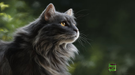 This captivating portrait features a majestic gray cat with striking yellow eyes, gazing intently into the distance amidst soft greenery and natural light.の素材