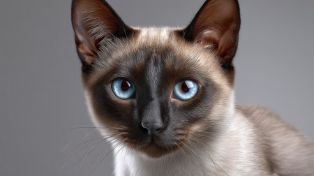 This captivating close-up of a Siamese cat showcases its beautiful blue eyes and distinctive fur patterns, radiating charm and personality. Ideal for animal lovers.の素材