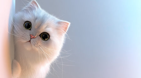 A cute white kitten with large expressive eyes peeks around a wall. The soft lighting enhances its fluffy fur and playful demeanor, radiating innocence.の素材