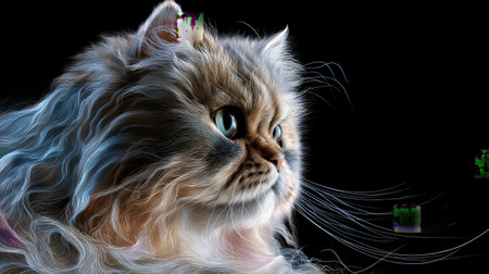 This stunning portrait features a majestic Persian cat with soft, fluffy fur and striking green eyes, set against a dark background for dramatic effect.の素材