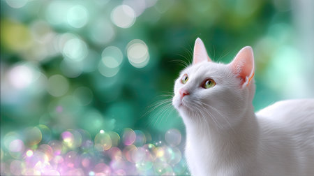 A beautiful white cat gazes upward against a softly lit green bokeh background, capturing a serene and enchanting moment perfect for any animal lover.の素材