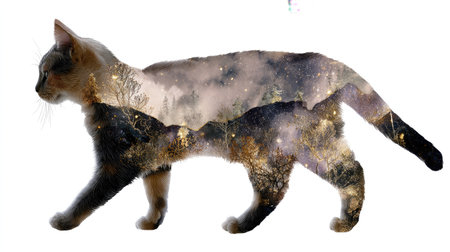 This artistic image features a cat silhouette merged with a celestial night sky and a mystical forest landscape, creating a dreamlike atmosphere.の素材