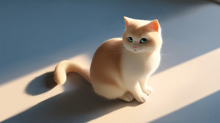 A charming fluffy cat sits in a sunlit room, radiating warmth and serenity. Its expressive blue eyes and soft fur create a tranquil indoor atmosphere.の素材