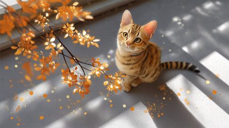 A charming striped cat sits gracefully on a soft floor, surrounded by vibrant autumn leaves. Sunlight streams through the window, creating a warm atmosphere.の素材