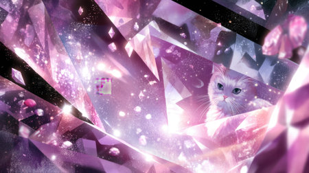 A whimsical illustration showcasing a serene cat nestled among sparkling crystals and vibrant gemstones, evoking a magical fantasy atmosphere.の素材