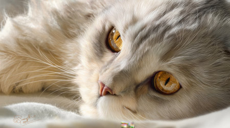 A beautiful white cat rests comfortably on soft fabric, highlighting its stunning golden eyes and fluffy fur. This serene portrait captures tranquility.の素材