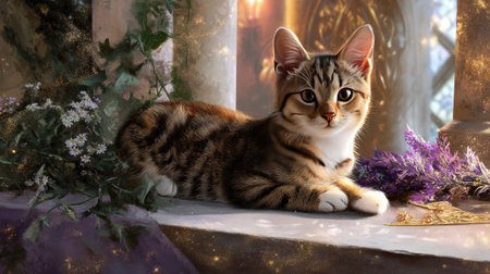 A charming tabby kitten rests peacefully by the window, surrounded by beautiful flowers and enchanting light, creating a warm and cozy atmosphere.の素材