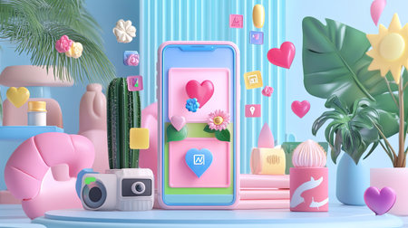 Bright and whimsical setup featuring a smartphone surrounded by decorative elements like plants, hearts, and flowers, creating a vibrant digital lifestyle scene.の素材
