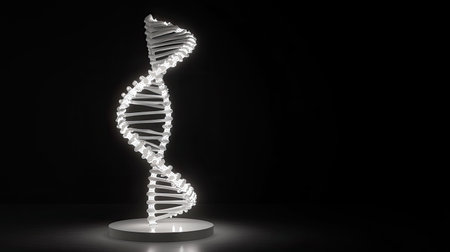 This stunning sculpture features a modern DNA helix design, illuminated against a black background. Perfect for themes of science, creativity, and biological research.の素材
