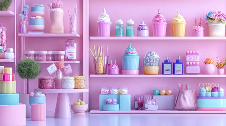 A vibrant and colorful arrangement of sweet treats and desserts displayed on pastel pink shelves, perfect for bakery themes and joyful celebrations.の素材