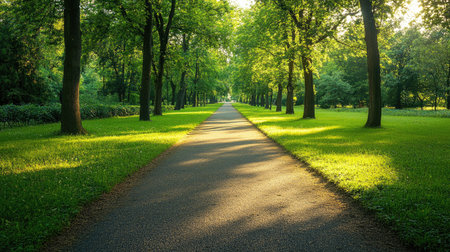 A beautiful sunlit pathway winds through a lush green park filled with vibrant trees, inviting visitors to explore and enjoy nature in a tranquil environment.の素材
