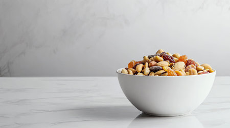 A vibrant bowl filled with assorted nuts and dried fruits on a marble table, perfect for a healthy snack. This image captures the appeal of nutritious eating.の素材