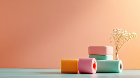 A serene arrangement of colorful rolls against a warm pastel background, paired with a delicate vase of floral accents, ideal for minimalistic design inspiration.の素材