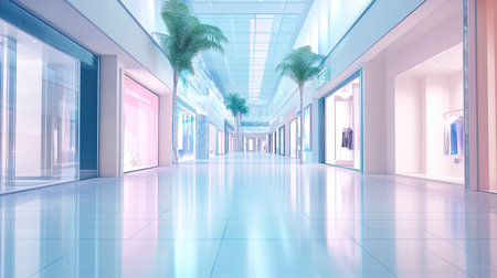 A serene view of a modern shopping mall interior featuring bright lighting, sleek tiles, and palm trees. The spacious hallway invites shoppers to explore the stylish retail offerings.の素材