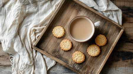 Warm cup of tea accompanied by delicious cookies arranged on a rustic wooden tray, evoking a cozy and inviting atmosphere perfect for relaxation.の素材