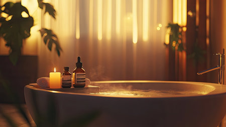 A serene spa scene featuring a steaming bathtub, elegant bottles, and a soft candle glow. Perfect for conveying relaxation, tranquility, and self-care.の素材