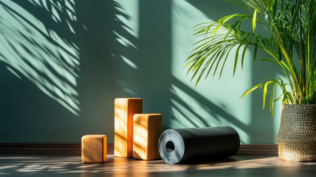A serene indoor yoga space featuring yoga blocks, a mat, and a lush palm plant. Sunlight casts beautiful shadows, creating a calming atmosphere perfect for practice.の素材