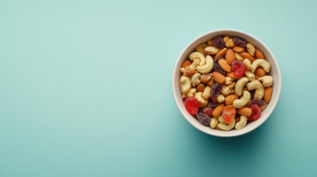 A vibrant bowl filled with a mix of nuts and dried fruits set against a turquoise background. Perfect for promoting healthy snacking and nutrition.の素材