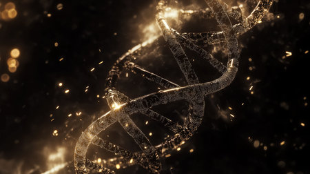 Captivating close-up of a glowing DNA helix structure featuring golden particles. Ideal for science, technology, and molecular biology themes.の素材