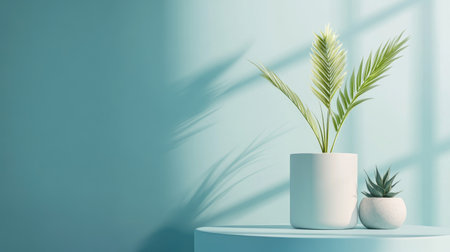 A modern indoor plant arrangement featuring lush greenery in minimalist pots placed on a circular white table, creating a serene atmosphere in the living space.の素材