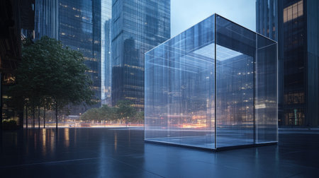 A striking glass structure stands elegantly in a modern urban setting at night, surrounded by towering buildings and illuminated by city lights, creating a serene atmosphere.の素材