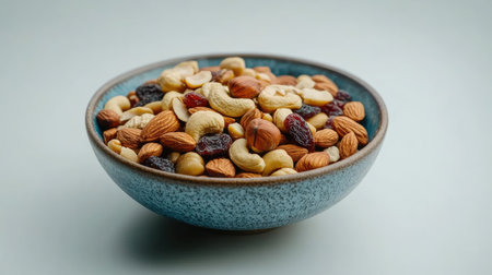 A close-up view of a decorative blue bowl filled with an assortment of nuts and dried fruits, perfect for healthy snacking or party platters.の素材