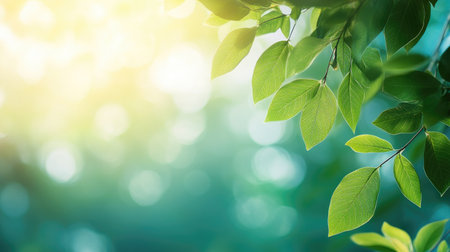 Beautiful close-up of fresh green leaves illuminated by sunlight, creating a serene and vibrant atmosphere. A soft background blur enhances the natural beauty.の素材