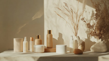 A serene display of beauty products on a neutral surface, accented by soft shadows and dried flowers, evoking a sense of calm and luxury in skincare.の素材