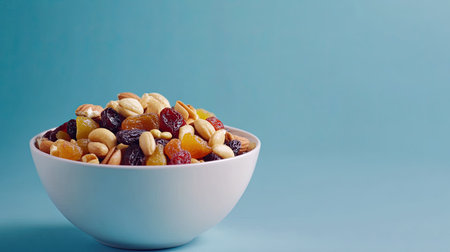 A vibrant bowl filled with a delightful mix of nuts and dried fruits against a blue background. Perfect for healthy snacking or as a decorative dish for gatherings.の素材