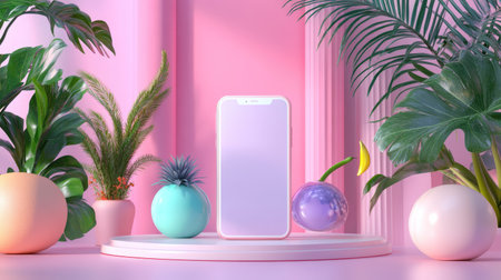This vibrant image features a smartphone surrounded by colorful plants and decorative elements in a pastel setting, perfect for modern design concepts.の素材