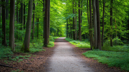 This image captures a serene pathway winding through a vibrant green forest. Sunlight filters through the tall trees, creating a peaceful atmosphere perfect for outdoor exploration.の素材