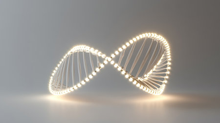 This abstract image features an illuminated DNA helix, showcasing a modern design with soft light and reflections, symbolizing innovation and connection in science.の素材