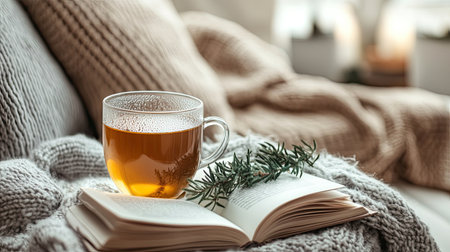 A cozy tea moment showcases a steaming cup of tea resting on an open book atop a soft blanket. The peaceful setting invites relaxation and reflection, perfect for unwinding.の素材