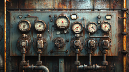 This image showcases a vintage industrial control panel featuring a variety of gauges and rusty pipes, perfect for projects needing a rugged mechanical aesthetic.の素材