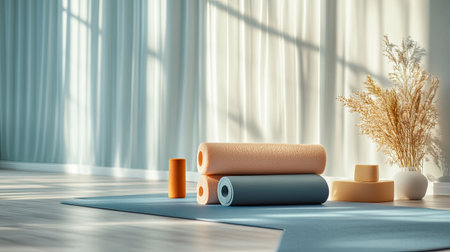 This serene yoga studio features exercise mats, warm colors, and a decorative plant. The sunlight creates a calming atmosphere perfect for relaxation and meditation.の素材