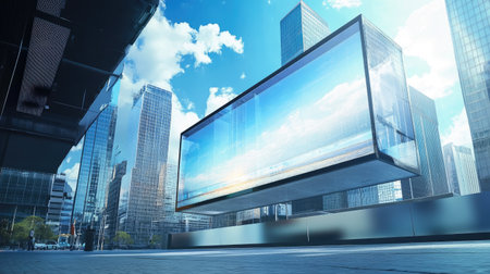 A striking view of a modern urban landscape featuring a large digital billboard. The glass skyscrapers reflect sunlight, enhancing the vibrant city atmosphere.の素材